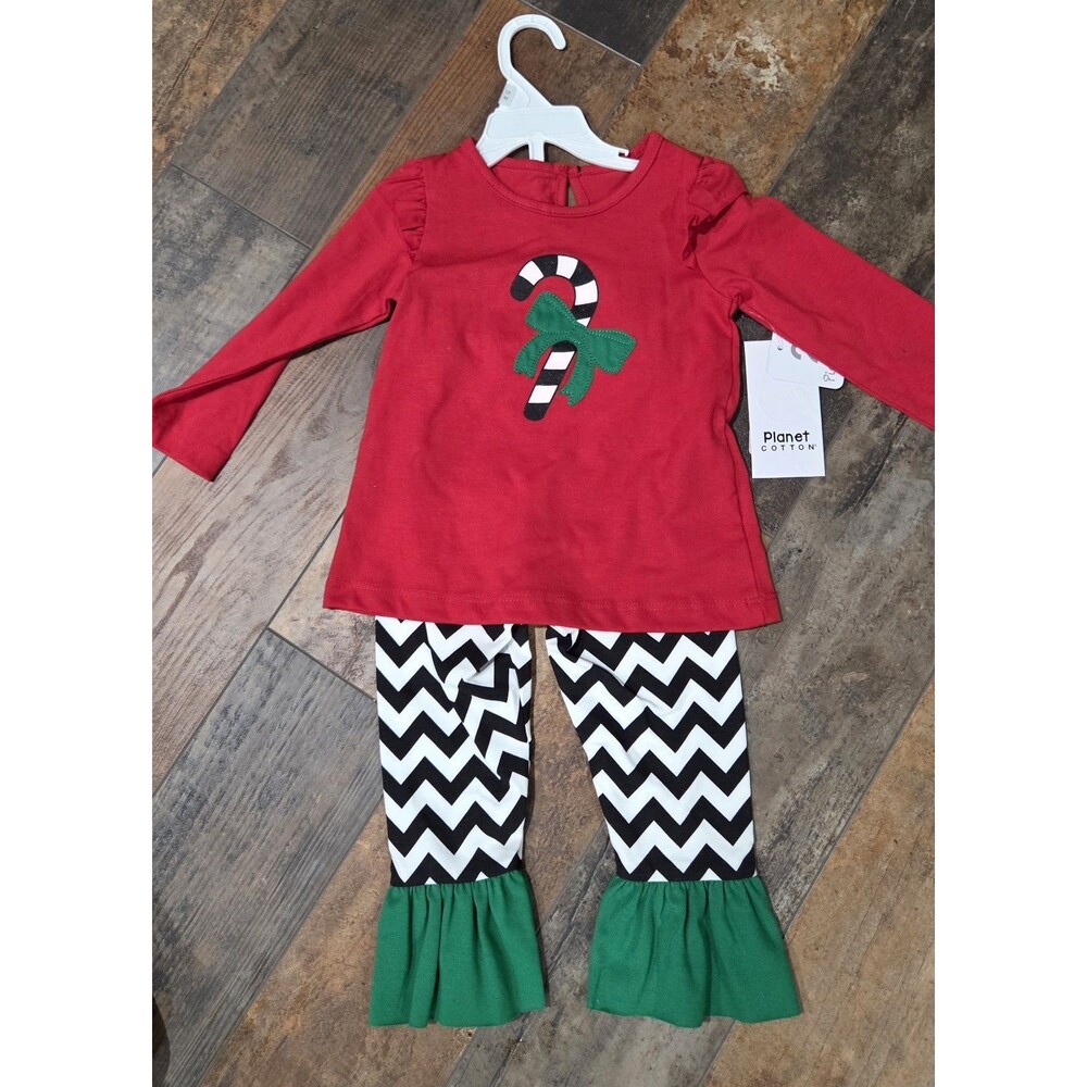 NWT Planet Cotton Baby Girls Sz 18 M 2 Pc Candy Cane Chevron Pant Set Zig Zag B9